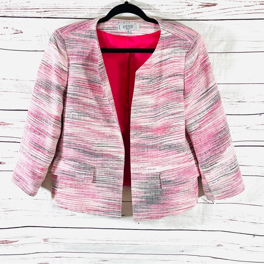 Kasper open Blazer Womens Petite Size 14P Long Sleeves Pink‎ Multi Tweed